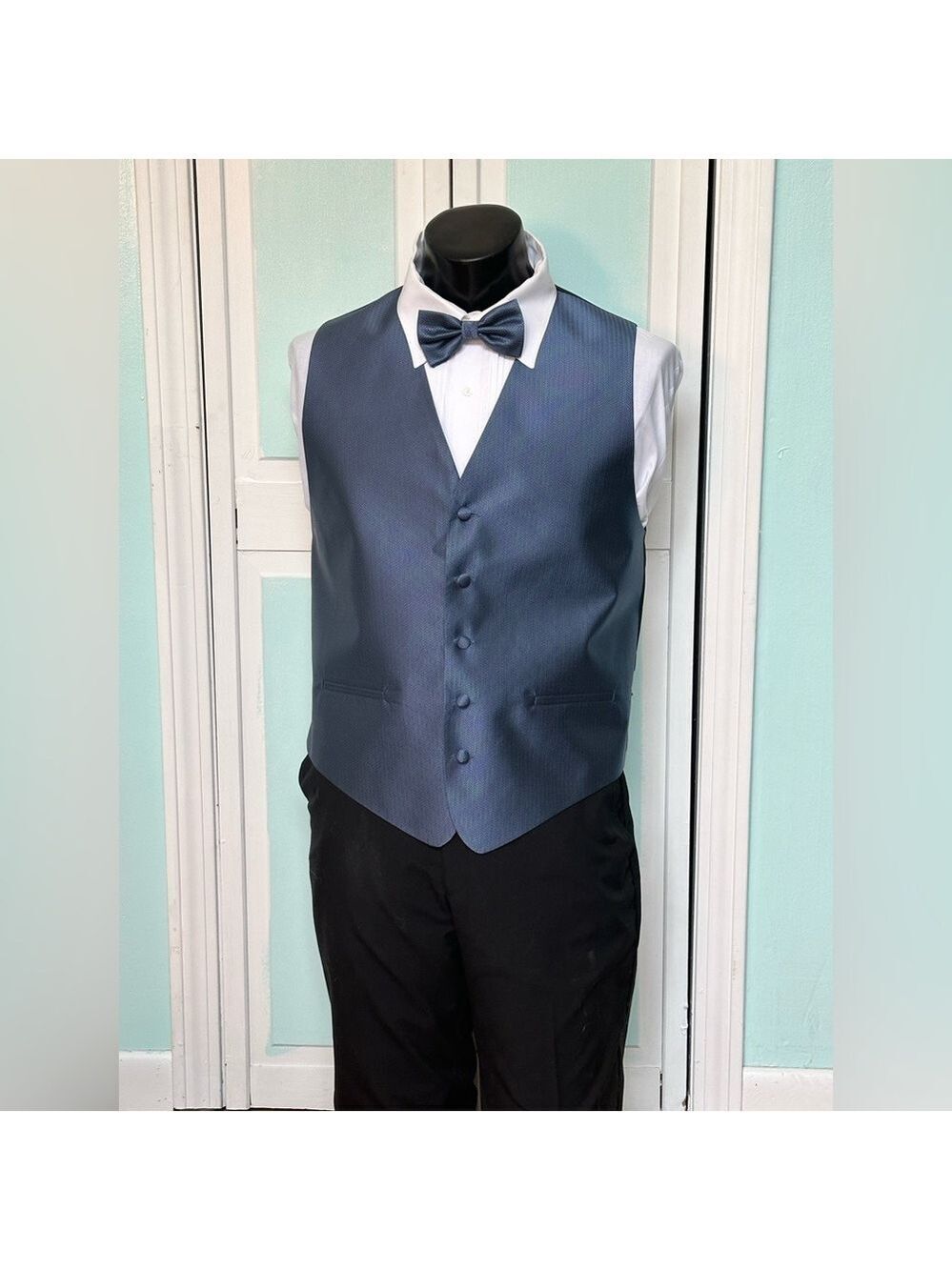 Haze Blue Satin Herringbone Closed Back Vest Wedding Prom Men’s XL with bow tie